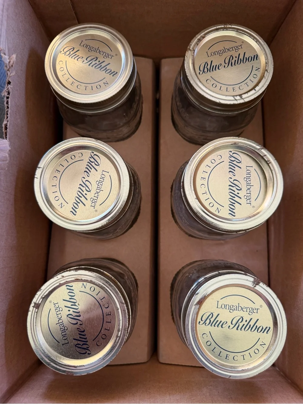 Longaberger Blue Ribbon Glass Jars with Gold Lids set of Six